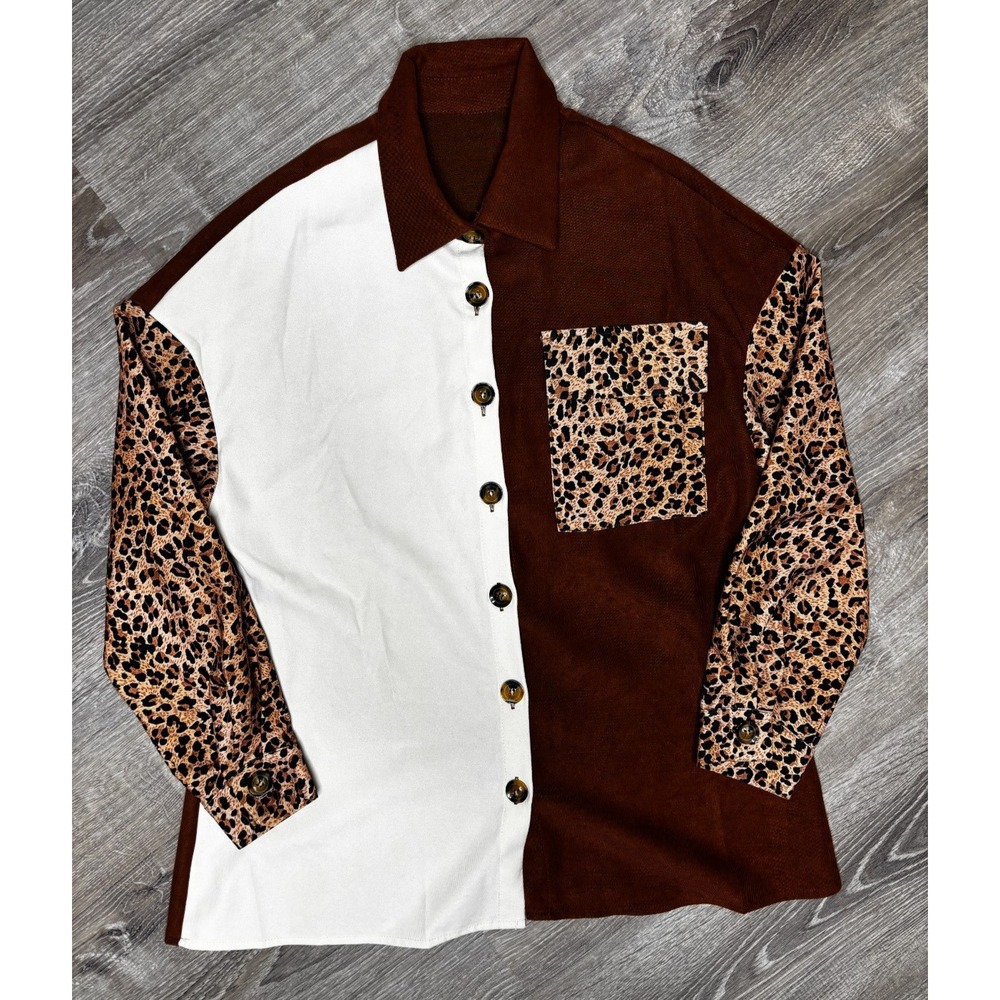 Women's Oversized ColorBlock Brown Long Sleeve Animal Print‎ Shacket Top Large